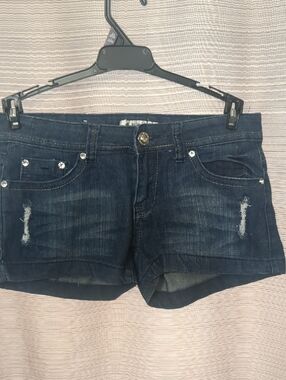 Dark Denim Jean Shorts with Crystal Pocket Accents